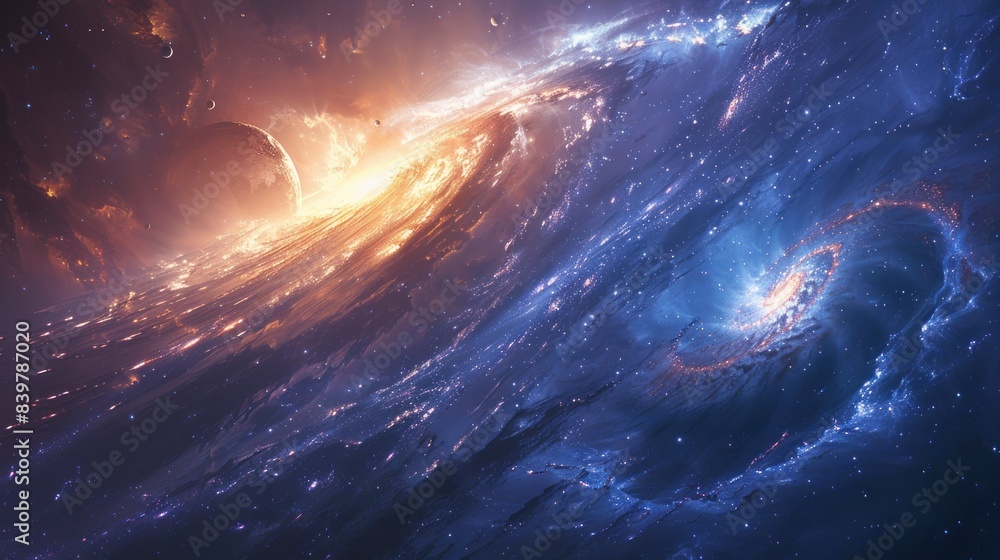 Gliding through an asteroid field, a futuristic spacecraft is framed by planets and stars. Gliding through an asteroid field, a futuristic spacecraft is framed by planets and stars.