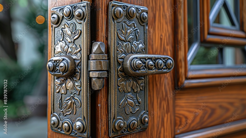 A detail shot of the gate's hinges, which are carved with a motif of vines and leaves, showing signs of age and patina that add to the gate's timeless and classic appearance. shiny, Minimal and