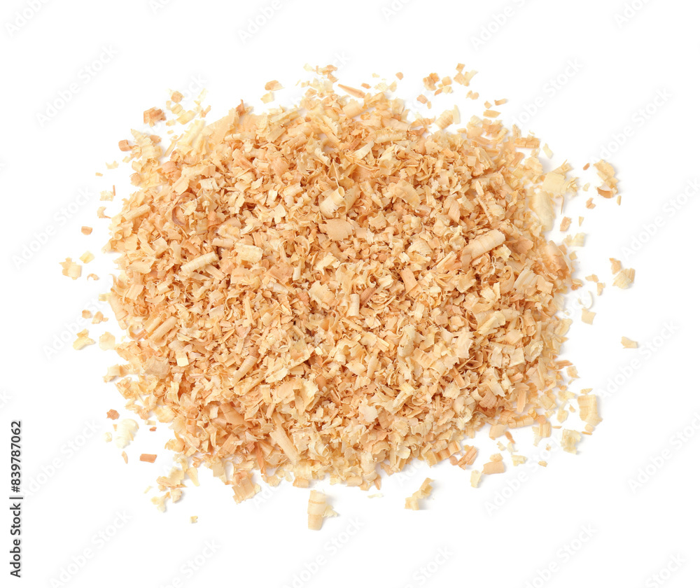 Pile of natural sawdust isolated on white, top view Pile of natural sawdust isolated on white, top view