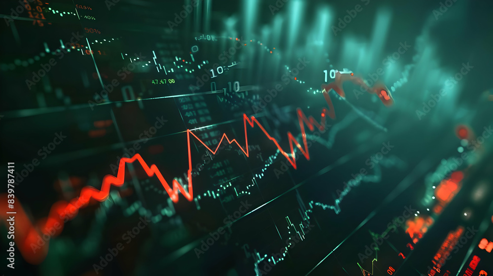 Stock market data visualization with graphs and charts depicting financial trends, growth, and fluctuations in green and red colors. Stock market data visualization with graphs and charts depicting financial trends, growth, and fluctuations in green and red colors.