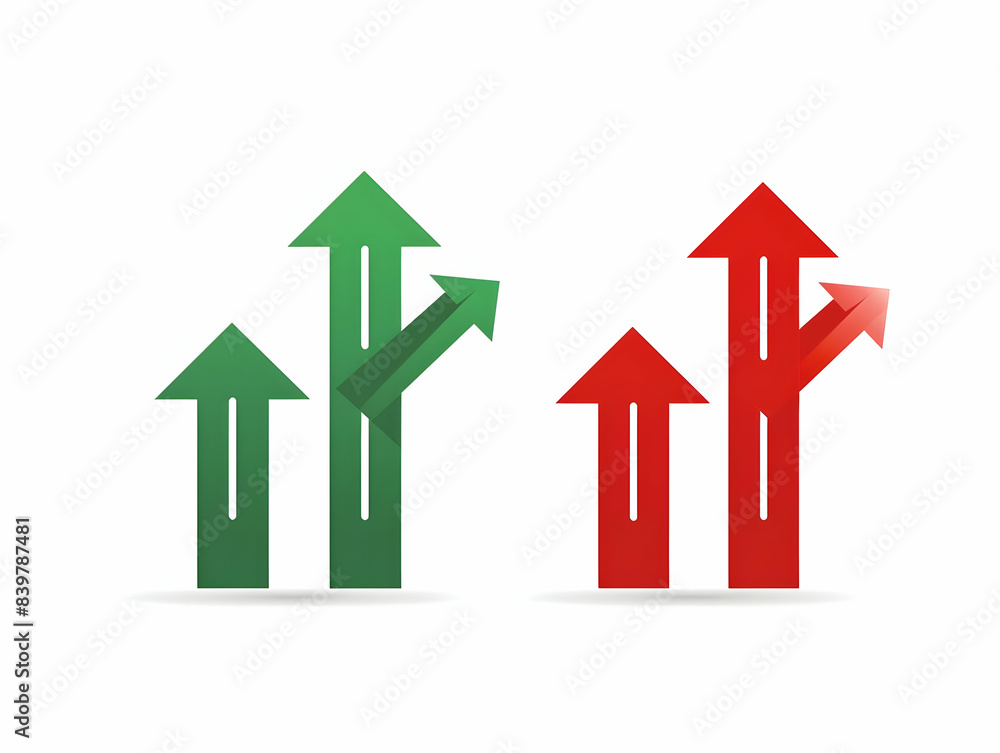 Vector illustration of green and red arrows pointing upwards, representing stock market trends and financial growth or decline. Vector illustration of green and red arrows pointing upwards, representing stock market trends and financial growth or decline.