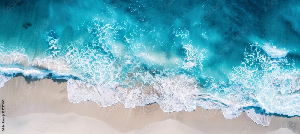 Photo of Aerial view from above on white sand beach with turquoise water and waves, panorama banner. Photo of Aerial view from above on white sand beach with turquoise water and waves, panorama banner.