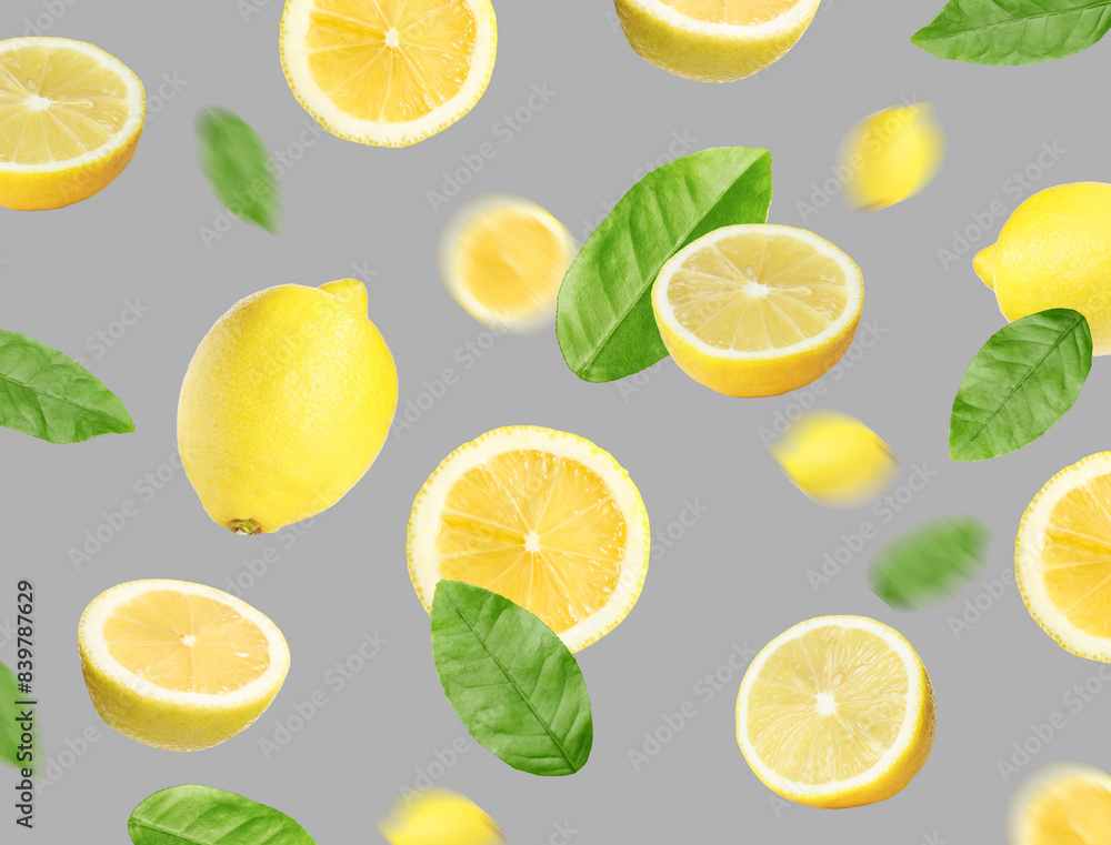 Fresh lemons and green leaves flying on grey background Fresh lemons and green leaves flying on grey background