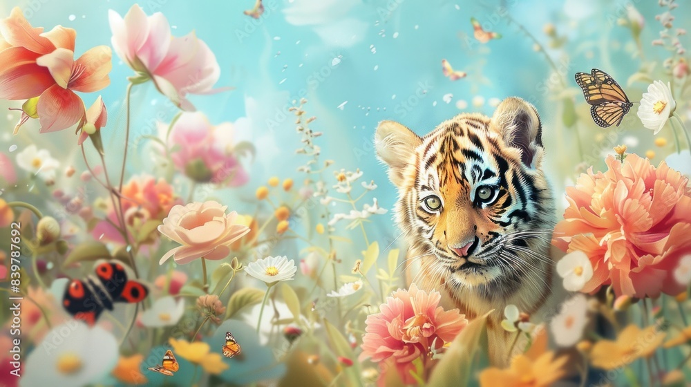 Obraz premium cute tiger and vibrant flowers