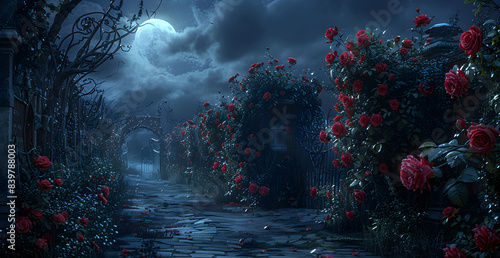 A dark, moonlit night with a path of roses and a cemetery photo
