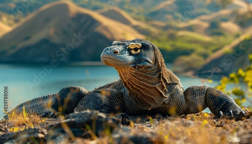 Komodo dragon resting flat design front view island animation vivid photo