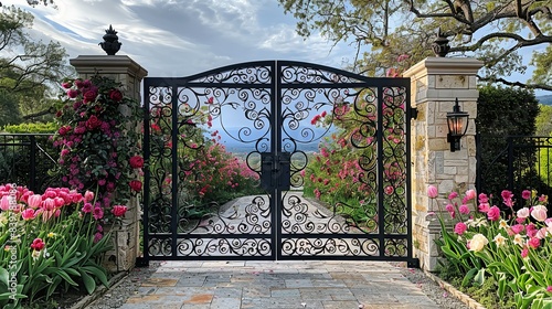 The gate decorated with seasonal flowers such as blooming roses and tulips in spring, enhancing the antique design with fresh, vibrant colors and natural beauty. shiny, Minimal and Simple,
