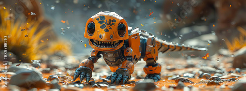 A robotic dinosaur or lizard pet toy with a smiling expression, mixed with 3D digital illustration and matte painting.generative ai