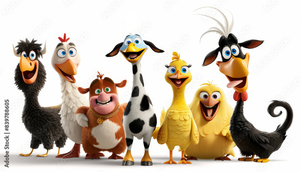 Obraz premium Group of cartoon farm animals including a cow, pig, and chicken. Concept of fun and farm life by AI generated image