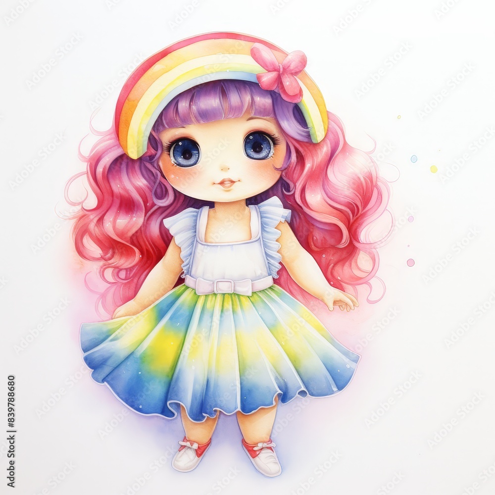 Adorable illustration of a doll with rainbow headband, curly pink hair, and colorful dress, perfect for children's art and decor. Adorable illustration of a doll with rainbow headband, curly pink hair, and colorful dress, perfect for children's art and decor.
