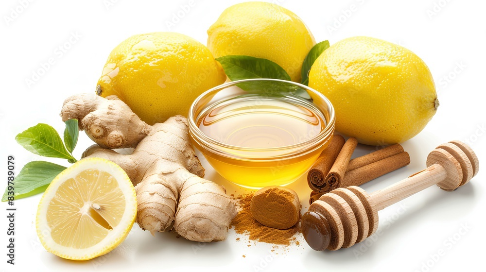 Isolated herbal remedies for cold, featuring fresh ginger, honey, lemons, cinnamon sticks, and turmeric, creating a natural and healthy combination for boosting immunity. Isolated herbal remedies for cold, featuring fresh ginger, honey, lemons, cinnamon sticks, and turmeric, creating a natural and healthy combination for boosting immunity.