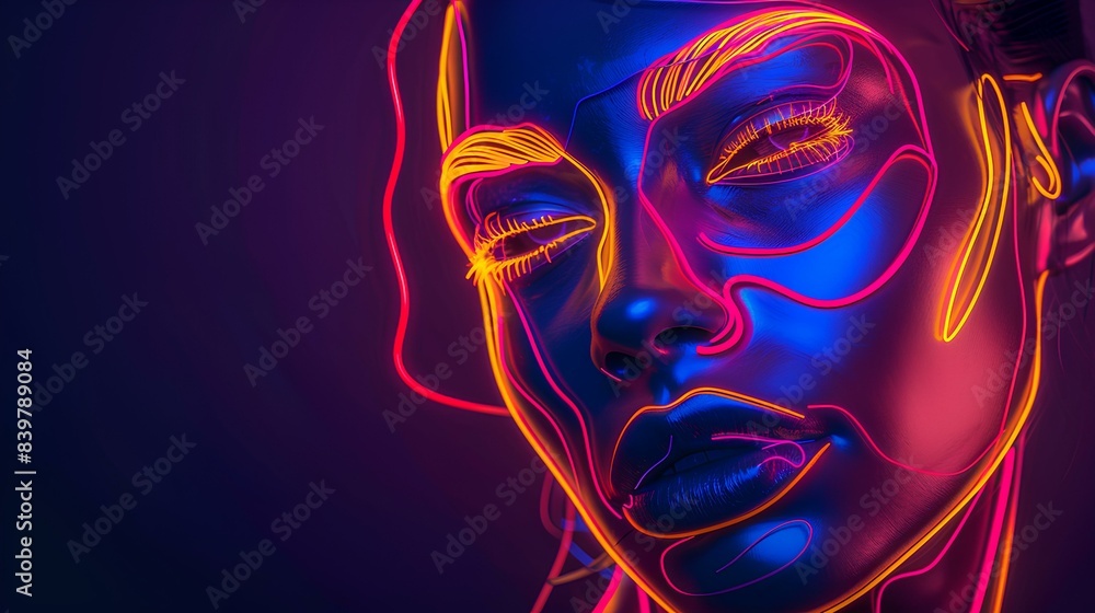 Neon portrait: Glowing outlines of a face with vibrant colors, creating a mesmerizing and futuristic visual effect against a dark background. Neon portrait: Glowing outlines of a face with vibrant colors, creating a mesmerizing and futuristic visual effect against a dark background.