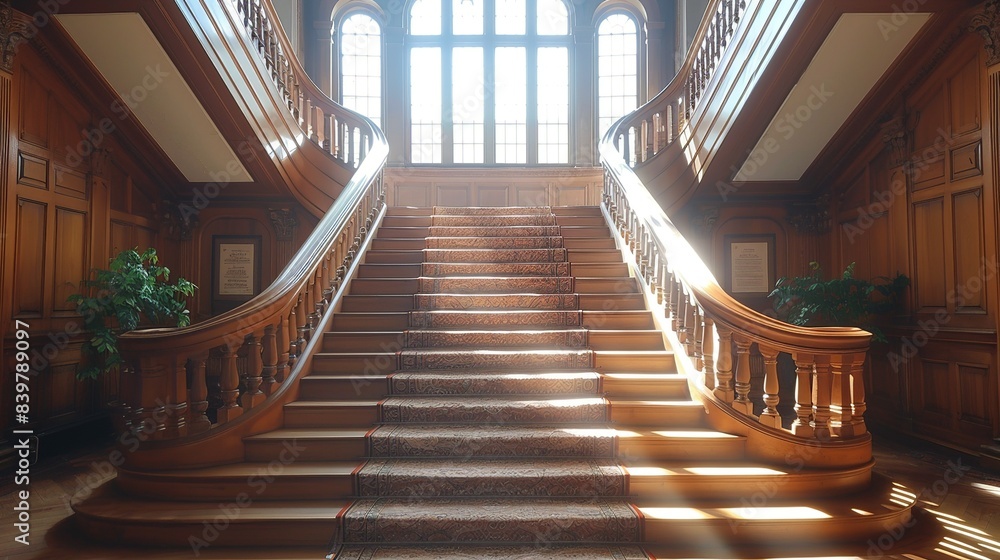 Obraz premium A front view of a staircase in a historic building, featuring a richly carved wooden banister, patterned carpet runner, and a landing area with a tall, arched window. shiny, Minimal and Simple,