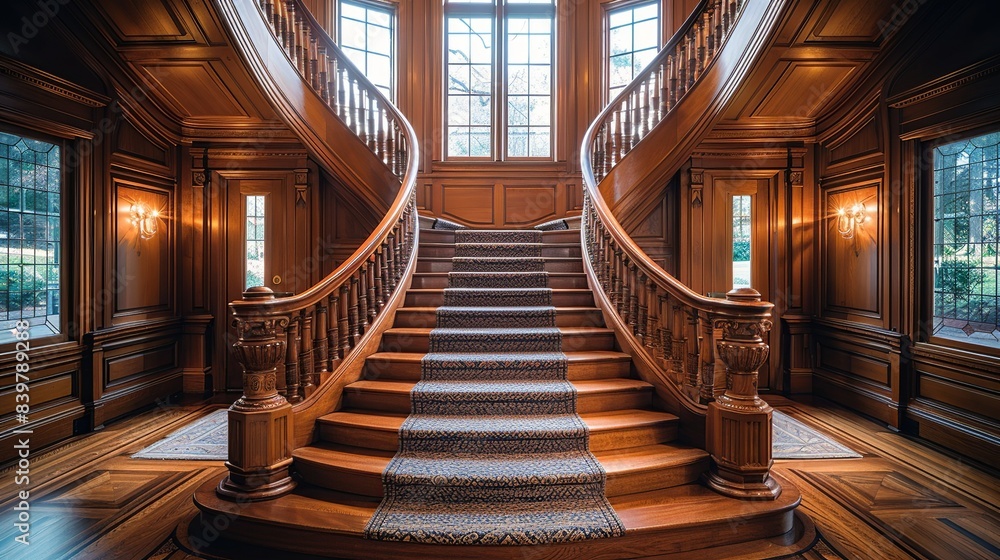 Obraz premium A front view of a staircase with wooden steps and a classic handrail, featuring a patterned carpet runner and flanked by tall, ornate newel posts. shiny, Minimal and Simple,