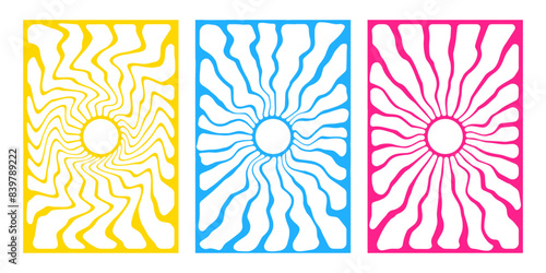 Groovy hippie 70s backgrounds. Waves, swirl, twirl pattern. Twisted and distorted vector texture in trendy retro psychedelic style. abstract wave lines