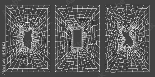 Retro futuristic set. Modern geometric shapes, wireframe and perspective grids. Abstract vector illustration in trendy psychedelic techno style, abstract wave lines