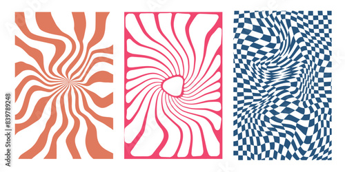 Groovy hippie 70s backgrounds. Waves, swirl, twirl pattern. Twisted and distorted vector texture in trendy retro psychedelic style. abstract wave lines