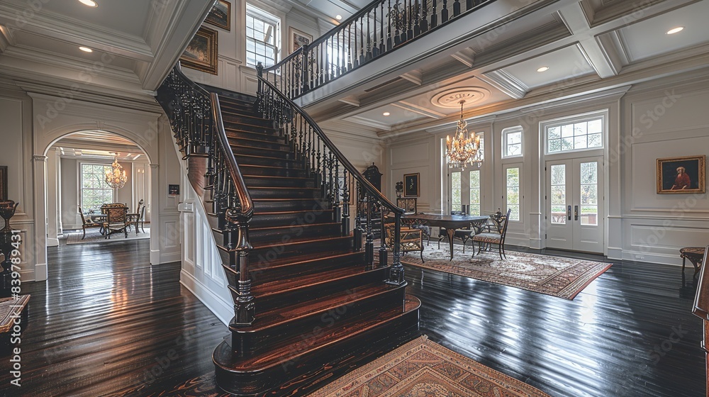 A grand staircase with dark wooden steps and an intricately carved handrail, leading up to a mezzanine with detailed ceiling moldings and vintage chandeliers. shiny, Minimal and Simple, A grand staircase with dark wooden steps and an intricately carved handrail, leading up to a mezzanine with detailed ceiling moldings and vintage chandeliers. shiny, Minimal and Simple,