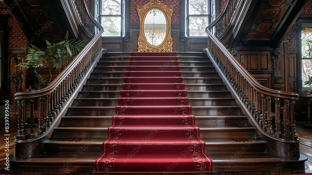 Obraz premium An antique staircase with a red carpet runner, bordered by intricate wooden railings, leading up to a landing with a large mirror framed in gold leaf. shiny, Minimal and Simple,
