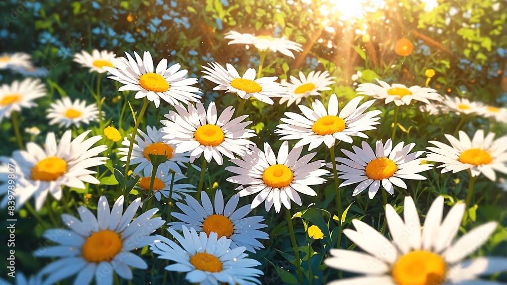 Daisies against a backdrop of warm light with peach background bokeh effects. The concept of summer solstice and joviality.
Daisies against a backdrop of warm light with peach background bokeh effects. The concept of summer solstice and joviality.