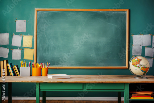 Empty classroom desk with chalkboard and globe for back to school