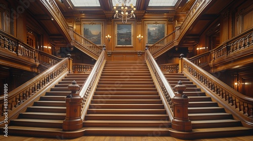 A symmetrical front view of a staircase featuring detailed wood paneling on the risers and sides, complemented by classic oil paintings hanging along the walls. shiny, Minimal and Simple, photo