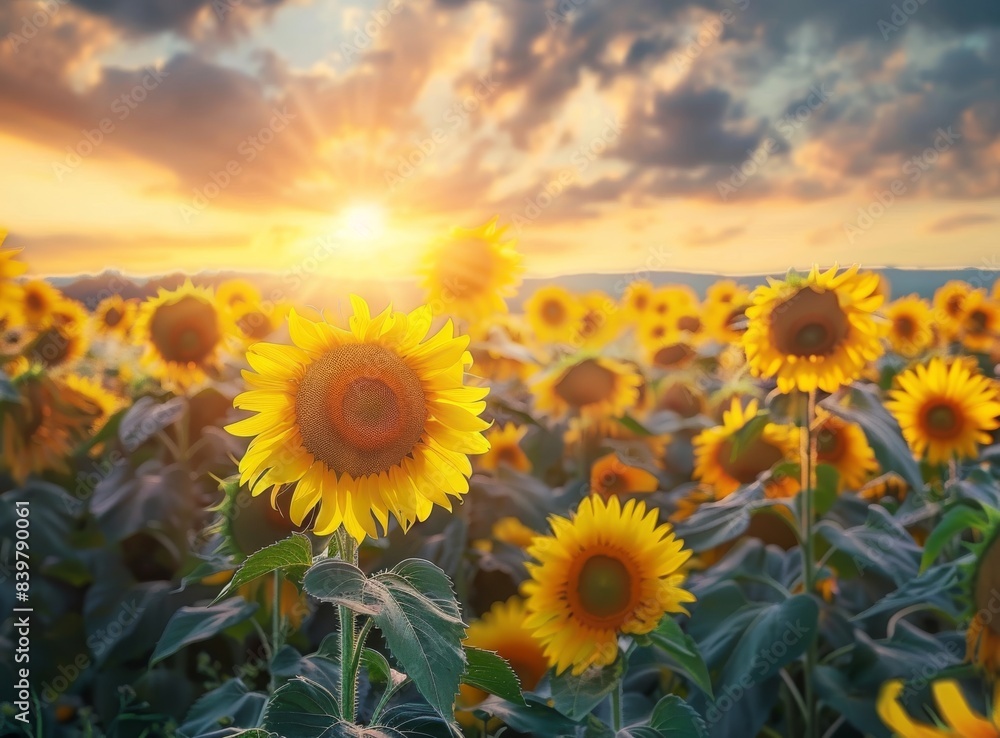 Obraz premium Sunflower field at sunset with a dramatic sky and beautiful lighting. Sunflowers in the foreground of a vibrant summer landscape.