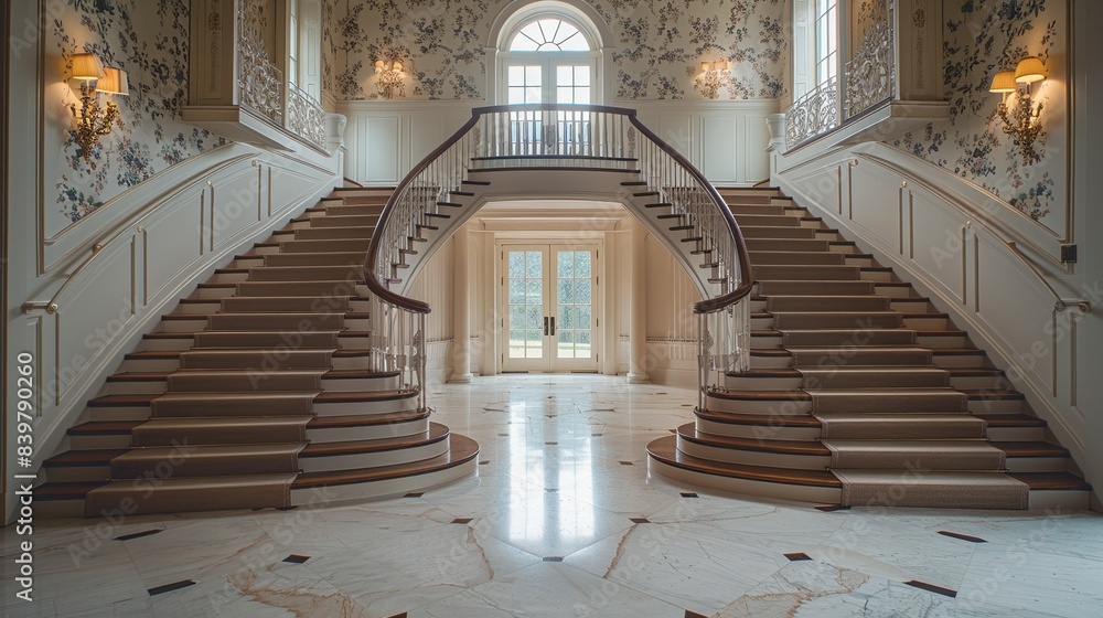 custom made wallpaper toronto digitalFront view of a dual staircase converging at a grand landing, adorned with vintage floral wallpaper and sconces, creating a regal entrance in an old estate. shiny, Minimal and Simple,