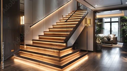 Elegant staircase with a dark wood banister and a continuous railing, highlighted by brass finials at each corner, and soft, ambient lighting illuminating the steps. shiny, Minimal and Simple, photo