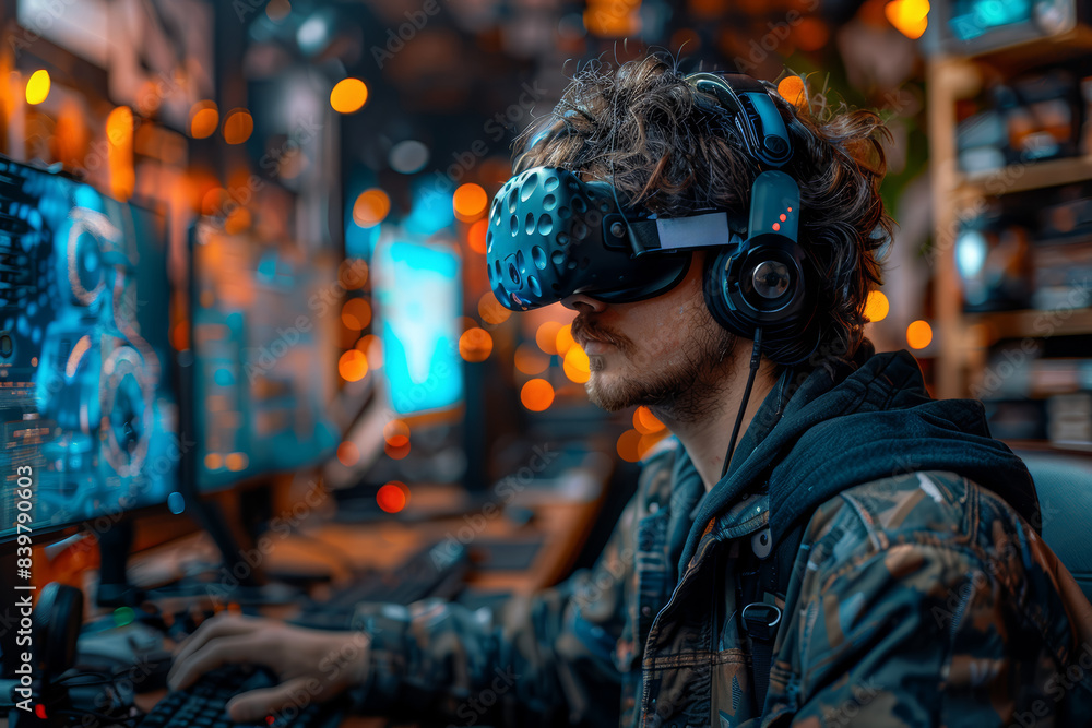 A game designer developing virtual worlds that merge with reality. Concept of gaming creativity. Generative Ai. A game designer developing virtual worlds that merge with reality. Concept of gaming creativity. Generative Ai.
