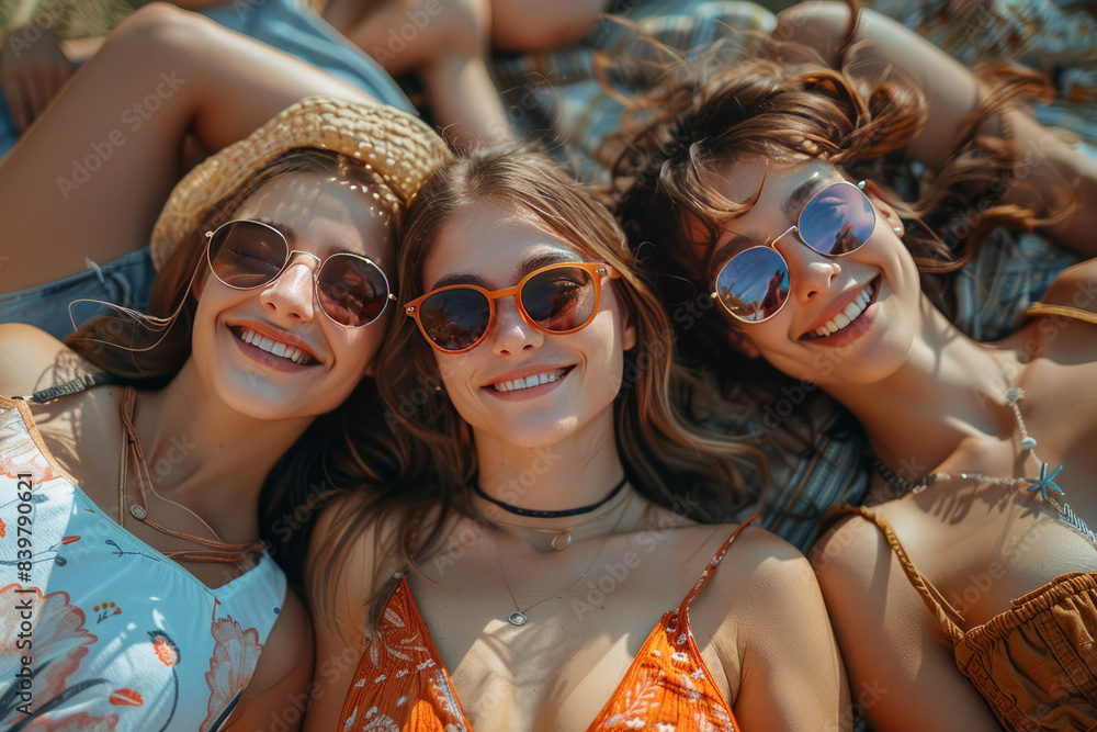 Happy friends enjoying together and lying on picnic blanket generative ai Happy friends enjoying together and lying on picnic blanket generative ai