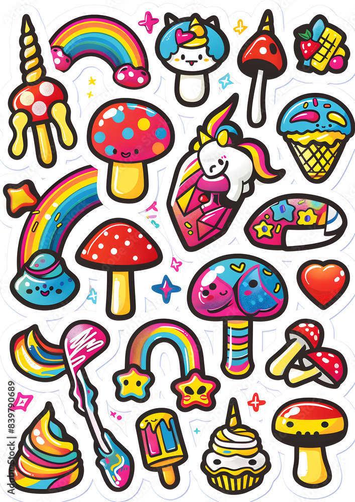Obraz premium A colorful sticker sheet with various cartoon characters including a unicorn