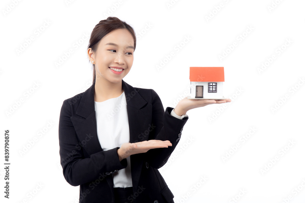 Portrait young asian businesswoman holding house for mortgage isolated white background, agent insurance business woman holding home for investment and presenting, female show home with excited. Portrait young asian businesswoman holding house for mortgage isolated white background, agent insurance business woman holding home for investment and presenting, female show home with excited.