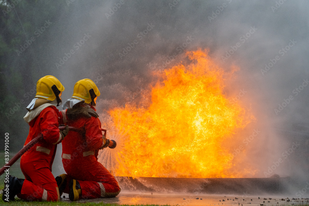 Firefighters teamwork in fire suit on rescue duty using water from hose extinguishing fighting with big crackle fire flames inside burning premises. Fireman spraying high pressure water fight a fire. Firefighters teamwork in fire suit on rescue duty using water from hose extinguishing fighting with big crackle fire flames inside burning premises. Fireman spraying high pressure water fight a fire.