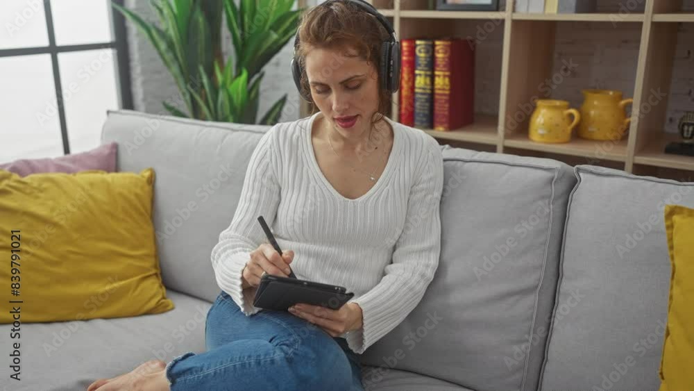 A young caucasian woman wearing headphones sketches on a tablet while lounging comfortably on her living room couch at home. A young caucasian woman wearing headphones sketches on a tablet while lounging comfortably on her living room couch at home.
