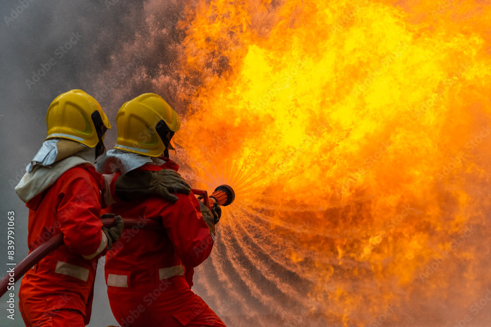 Obraz premium Firefighters teamwork in fire suit on rescue duty using water from hose extinguishing fighting with big crackle fire flames inside burning premises. Fireman spraying high pressure water fight a fire.
