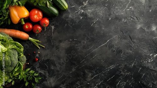 Fresh vegetables arranged on a dark black stone surface with room for your text