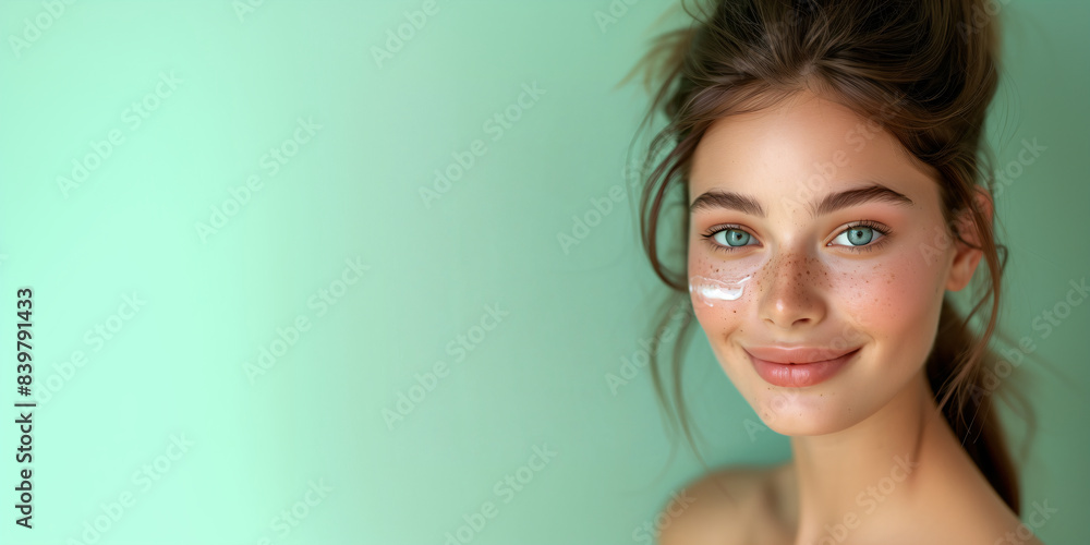 Happy smiling young woman with perfect skin puts a moisturizing cream on her face. Girl using skincare product on facial skin. Natural beauty and cosmetic concept. Banner with copy space Happy smiling young woman with perfect skin puts a moisturizing cream on her face. Girl using skincare product on facial skin. Natural beauty and cosmetic concept. Banner with copy space