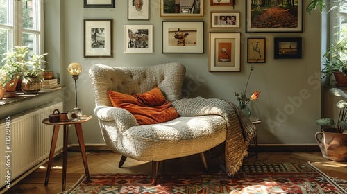 A cozy reading nook with a comfortable armchair and a side table, featuring a wall adorned with picture frames in different sizes, displaying a mix of family photos and artwork. shiny, Minimal and photo