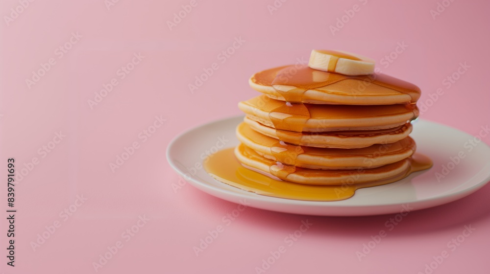 Buttered and syrup-drizzled pancakes on a white plate.