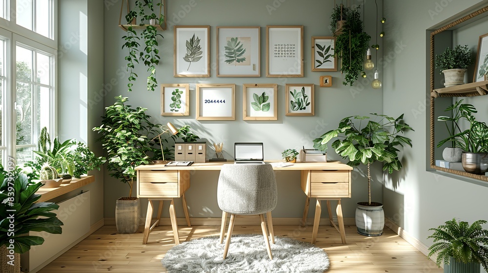 Fototapeta premium A serene home office with light wood furniture and greenery, highlighted by a wall of picture frames in various sizes, displaying botanical prints, motivational quotes, and artwork. shiny, Minimal