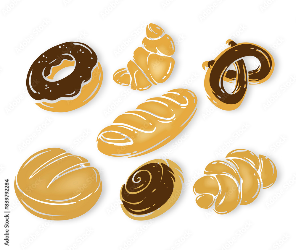 Bread and pastries,
set of vector images. This illustration can be used in cafe and restaurant menus or promotional materials. Bread and pastries,
set of vector images. This illustration can be used in cafe and restaurant menus or promotional materials.