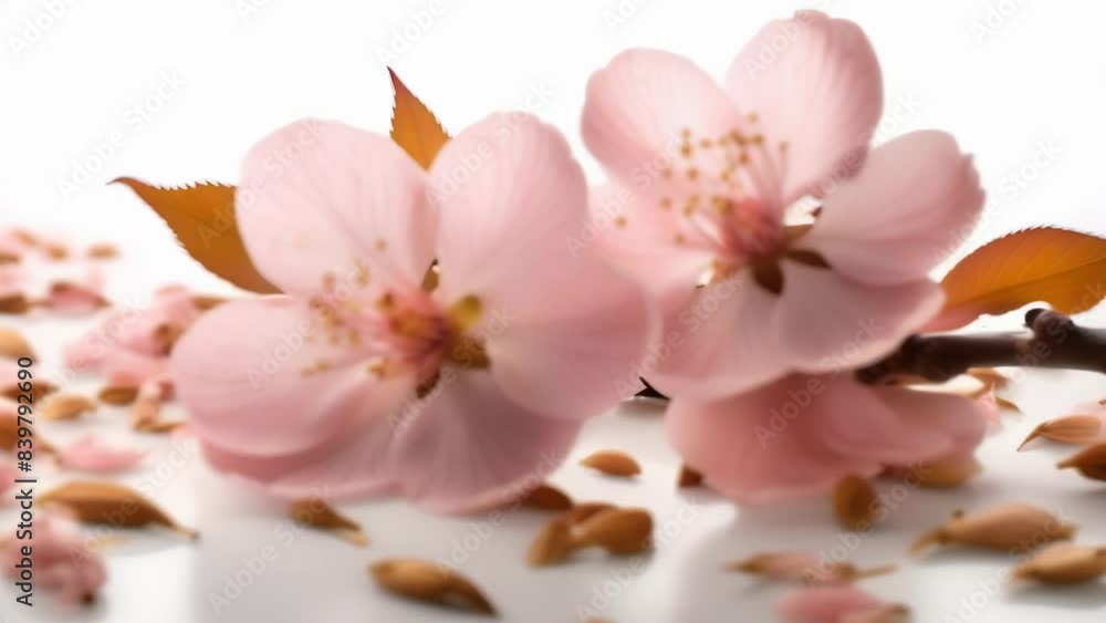 Two delicate pink cherry blossoms resting on a branch, surrounded by scattered petals on a white surface. Two delicate pink cherry blossoms resting on a branch, surrounded by scattered petals on a white surface.