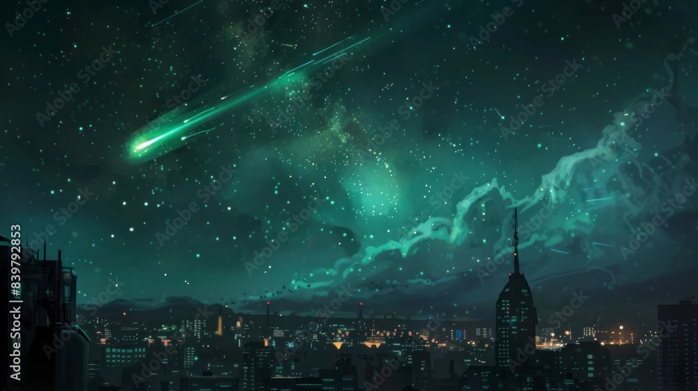 Obraz premium green meteor passing through the night skies