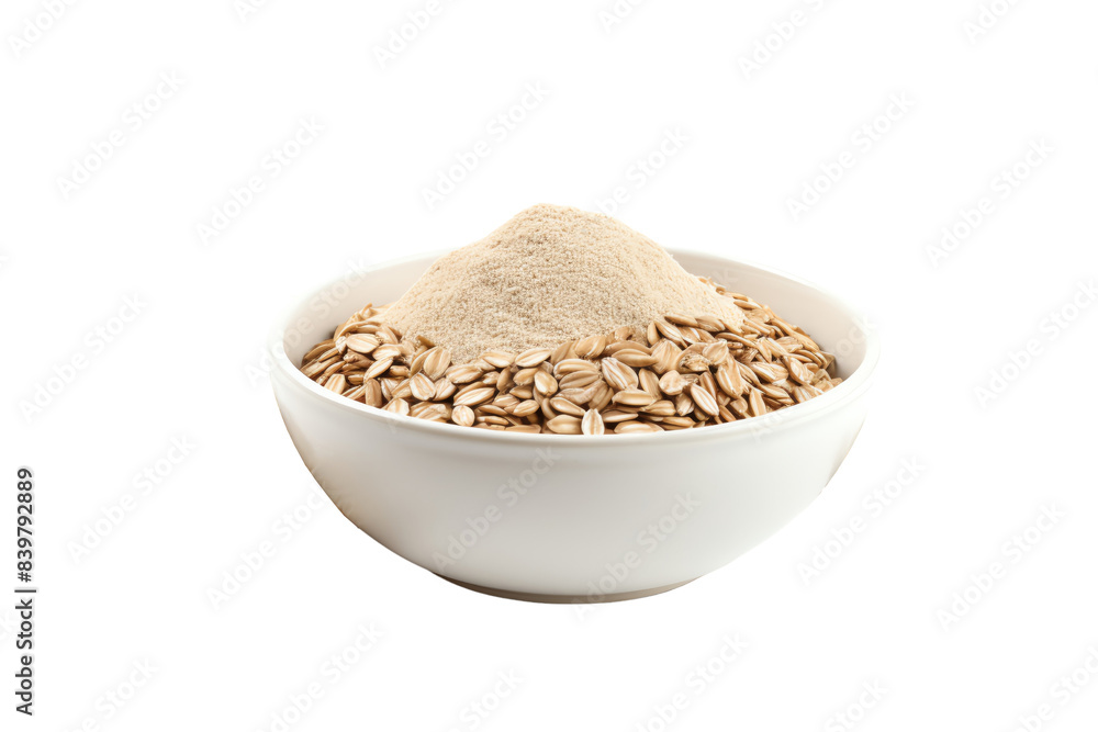 A bowl of oats and oat flour isolated on transparent background, showcasing healthy and nutritious ingredients for cooking and baking. A bowl of oats and oat flour isolated on transparent background, showcasing healthy and nutritious ingredients for cooking and baking.