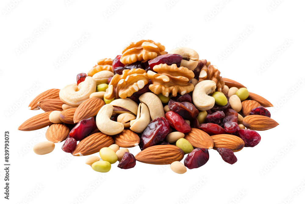 Assorted nuts and dried fruits in a pile, showcasing a healthy mix of almonds, cashews, walnuts, and cranberries on a white background
