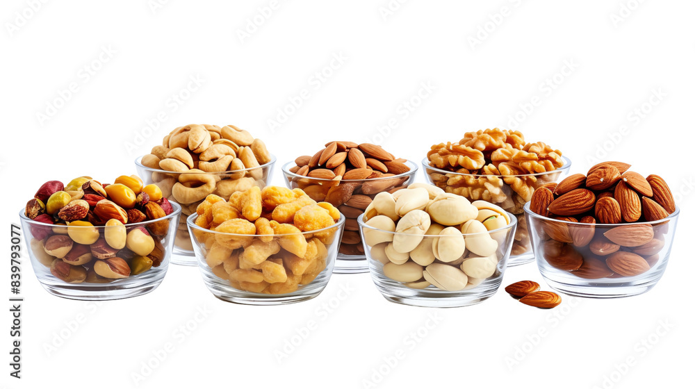 Assorted nuts in glass bowls, including almonds, cashews, walnuts, and more. Perfect for a healthy snack, high in protein and fiber. Assorted nuts in glass bowls, including almonds, cashews, walnuts, and more. Perfect for a healthy snack, high in protein and fiber.
