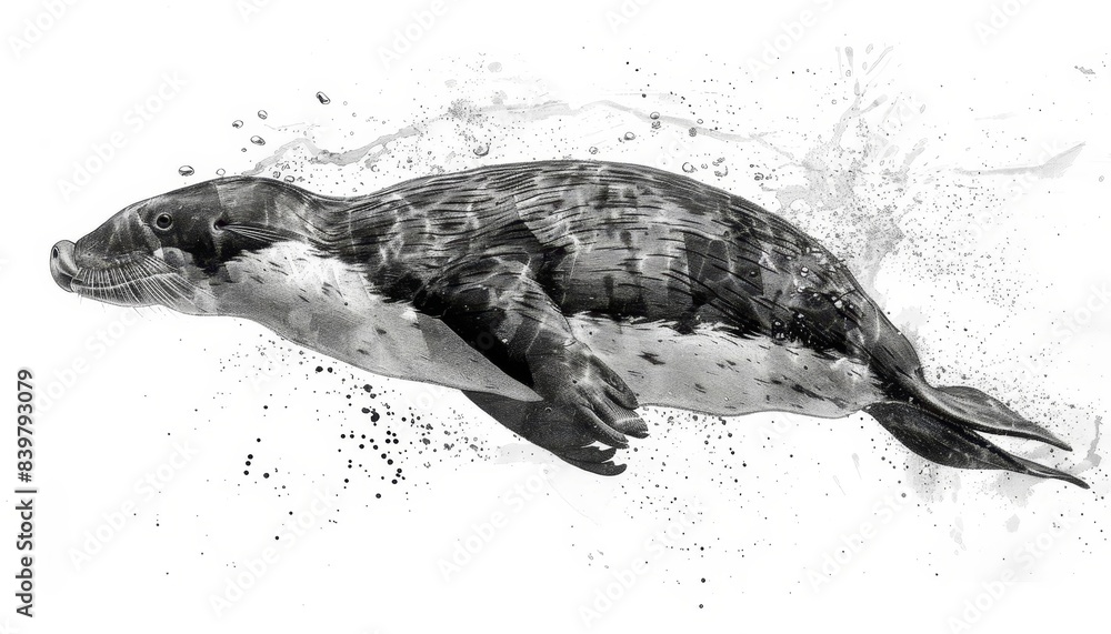 Obraz premium Platypus diving flat design side view water water color black and white