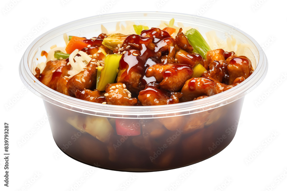 Delicious takeout container filled with savory stir-fried chicken and vegetables in a rich brown sauce, ideal for food presentation. Delicious takeout container filled with savory stir-fried chicken and vegetables in a rich brown sauce, ideal for food presentation.