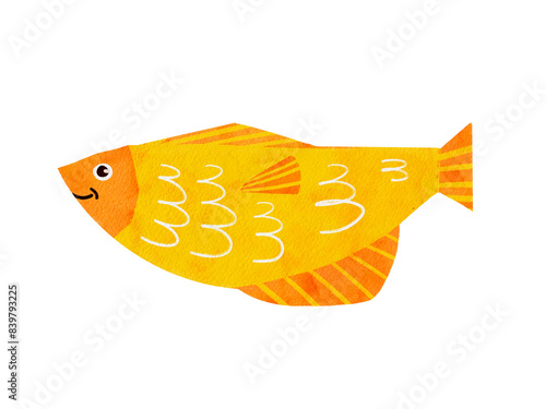 Single goldfish isolated on white background. Aquarium fish children's illustration in a flat style on an isolated on transparent background